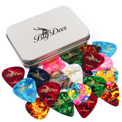 Picture of BigDeer 50 pack Celluloid Guitar Picks ，includes Thin,Medium, Heavy & Extra Heavy Picks Plectrums for Acoustic Guitar,Ukulele,Bass ，with 6 Guitar Selection Grips Silicone pad Wrapped in tin box