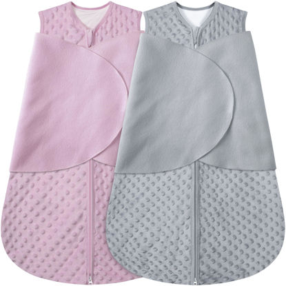 Picture of BSTOPPT Fleece Newborn Sleep Sack Baby Swaddle,3-Way Adjustable Wearable Blanket,2 Pack Fleece Swaddling Sleeping Bag TOG 2.0， (Gray & Pink, 0-3 Months)