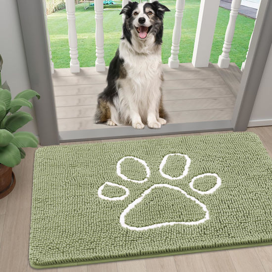Picture of Smiry Dog Door Mat for Muddy Paws, Absorbent Dirt Trapper Non-Slip Washable Mat, Quick Dry Chenille, Mud Mat for Dogs, Entry Indoor Door Mat for Inside Floor (24x16 Inches, Sage Green)