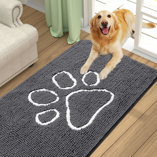Picture of Smiry Dog Door Mat for Muddy Paws, Absorbent Dirt Trapper Non-Slip Washable Mat, Quick Dry Chenille, Mud Mat for Dogs, Entry Indoor Door Mat for Inside Floor (59x24 Inches, Dark Grey)