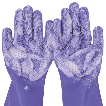 Picture of Pecute Pet Grooming Gloves, Large, Heat Resistant, Silicone Bathing and Massaging Gloves with High-Density Teeth and Enhanced Five Finger Design for Dogs and Cats, Purple