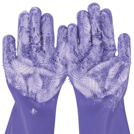 Picture of Pecute Pet Grooming Gloves, Large, Heat Resistant, Silicone Bathing and Massaging Gloves with High-Density Teeth and Enhanced Five Finger Design for Dogs and Cats, Purple