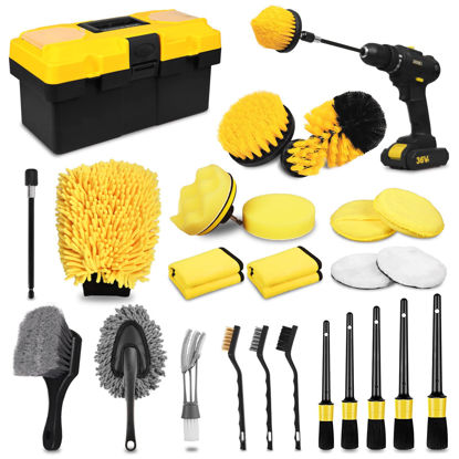 Picture of 27Pcs Car Detailing Kit, Car Detailing Brush Set, Auto Detailing Drill Brush Set, Car Detailing Brushes, Car Wash Kit, Car Accessories, Car Cleaning Tools Kit for Interior, Exterior, Wheels