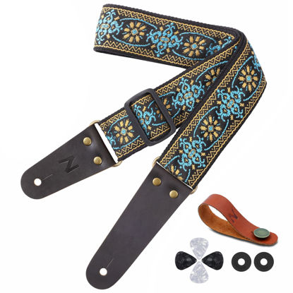 Picture of Nefelibata Guitar Strap, Embroidered Cotton Guitar Straps with Head Cowhide Leather Ends for Bass, Electric & Acoustic Guitars, Free Strap Button, 1 Pair Strap Locks and 4 Guitar Picks