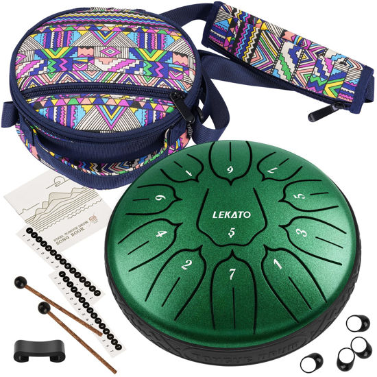 Picture of LEKATO Steel Tongue Drum With Bag, 6 Inch 11 Notes Steel Drum Beginner Hanpan Drum Percussion for Meditation Yoga Musical Education, Green