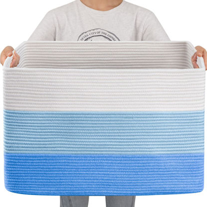 Picture of OIAHOMY 108L Super Large Blanket Basket, 25”x16”x16”(108L) Rectangle Woven Baskets for Storage, Cotton Rope Basket For Living Room, Toy Basket with Handle, Basket for Organizing- Gradient Light Blue