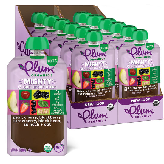 Picture of Plum Organics Mighty 4 Organic Toddler Food - Pear, Cherry, Blackberry, Strawberry, Black Bean, Spinach, and Oat - 4 oz Pouch (Pack of 12) - Organic Fruit and Vegetable Toddler Food Pouch