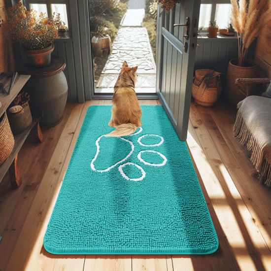 Picture of Smiry Dog Door Mat for Muddy Paws, Absorbent Dirt Trapper Non-Slip Washable Mat, Quick Dry Chenille, Mud Mat for Dogs, Entry Indoor Door Mat for Inside Floor (48x30 Inches, Turquoise)