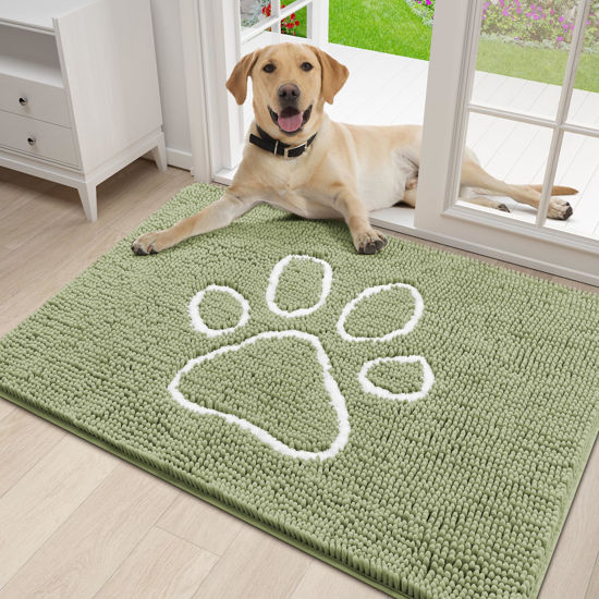 Picture of Smiry Dog Door Mat for Muddy Paws, Absorbent Dirt Trapper Non-Slip Washable Mat, Quick Dry Chenille, Mud Mat for Dogs, Entry Indoor Door Mat for Inside Floor (30x20 Inches, Sage Green)
