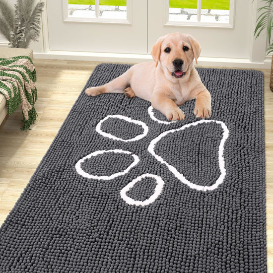 Picture of Smiry Dog Door Mat for Muddy Paws, Absorbent Dirt Trapper Non-Slip Washable Mat, Quick Dry Chenille, Mud Mat for Dogs, Entry Indoor Door Mat for Inside Floor (71x46 Inches, Dark Grey)