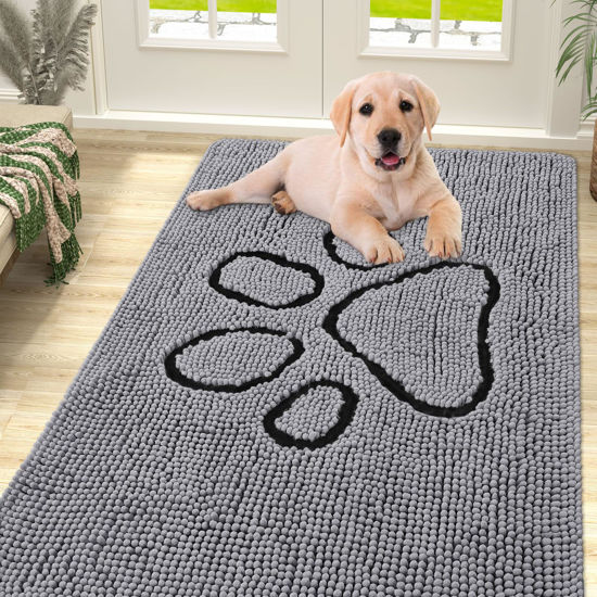 Picture of Smiry Dog Door Mat for Muddy Paws, Absorbent Dirt Trapper Non-Slip Washable Mat, Quick Dry Chenille, Mud Mat for Dogs, Entry Indoor Door Mat for Inside Floor (59x35 Inches, Grey)