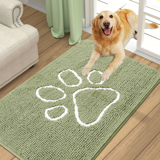 Picture of Smiry Dog Door Mat for Muddy Paws, Absorbent Dirt Trapper Non-Slip Washable Mat, Quick Dry Chenille, Mud Mat for Dogs, Entry Indoor Door Mat for Inside Floor (36x24 Inches, Sage Green)