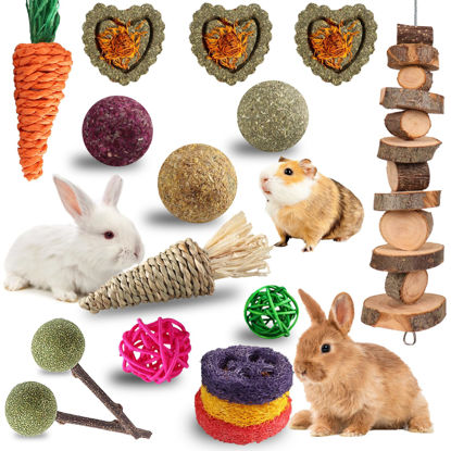Picture of Grddaef 18 PCS Bunny Toys, Rabbit Toys Guinea Pig Toys Natural Apple Wood Grass Timothy Sticks Chew and Treat for Guinea Pigs Hamster Chinchillas