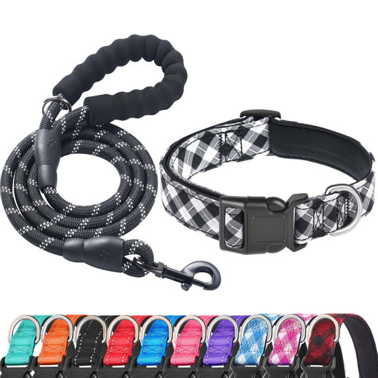 Picture of Ladoogo Reflective Dog Collar Padded with Soft Neoprene Breathable Adjustable Nylon Dog Collars for Small Medium Large Dogs (Small (Pack of 1), Black Plaid Collar+Leash)