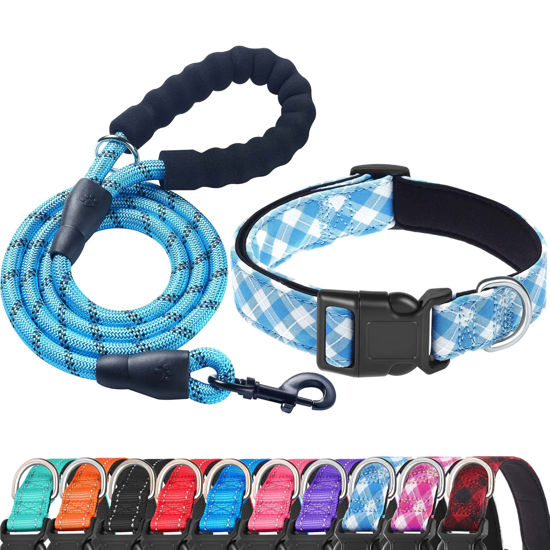 Picture of Ladoogo Reflective Dog Collar Padded with Soft Neoprene Breathable Adjustable Nylon Dog Collars for Small Medium Large Dogs (Small (Pack of 1), Vivid Blue Plaid Collar+Leash)