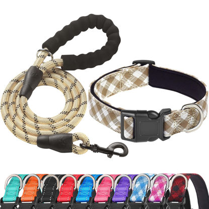 Picture of Ladoogo Reflective Dog Collar Padded with Soft Neoprene Breathable Adjustable Nylon Dog Collars for Small Medium Large Dogs (Small (Pack of 1), Vanilla Plaid Collar+Leash)