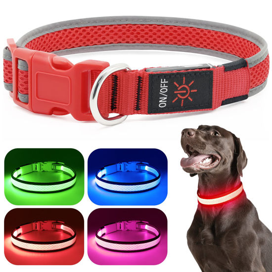Picture of Flashseen LED Dog Collar, USB Rechargeable Light Up Dog Collar Lights, Adjustable Comfortable Soft Mesh Safety Dog Collar for Small, Medium, Large Dogs(Small, Ruby Red)