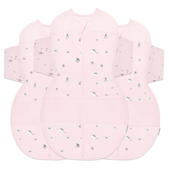 Picture of Happiest Baby SNOO Sleep Sack - 100% Organic Cotton Baby Swaddle Blanket - Doctor Designed Promotes Healthy Hip Development - 3-Pack Bundle (Rose Planets, S, M, L)