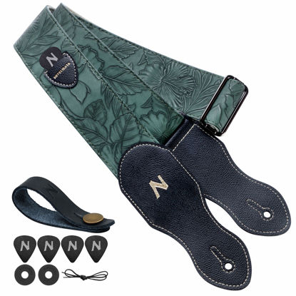 Picture of Nefelibata Guitar Strap with Pick Pocket,2.3 inch Porter Style Vegan Leather Carving Guitar Straps,60s Vintage Style Include Guitar Pick,Strap Button and Strap Lock (Green)