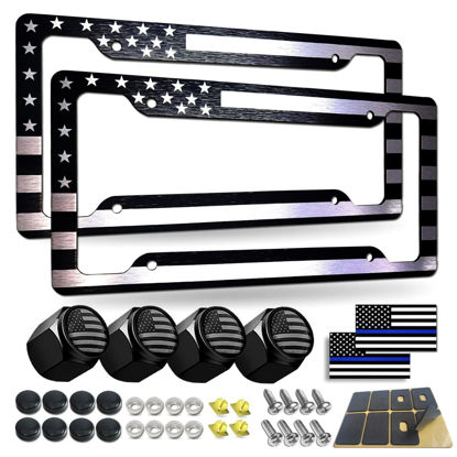 Picture of BGGTMO Black American Flag License Plate Frames- 2 Pack Front Rear Patriotic USA Stars and Stripes Aluminum Car Tag Holder Cover with Screws