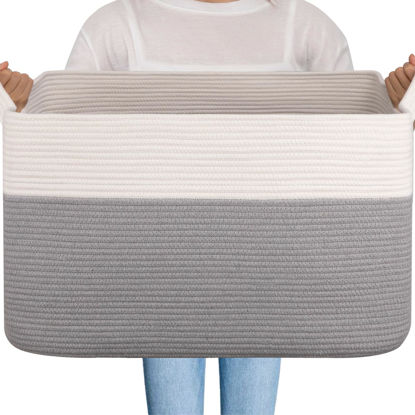 Picture of OIAHOMY 95L Blanket Basket, 24”x17”x14”, Large Woven Baskets for Storage, Nursery Cotton Rope Basket with Handle, Living Room, Nursery, Bedroom,Toy Baskets Organizer Bins, Grey & White
