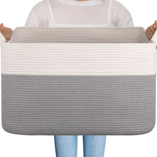 Picture of OIAHOMY 95L Blanket Basket, 24”x17”x14”, Large Woven Baskets for Storage, Nursery Cotton Rope Basket with Handle, Living Room, Nursery, Bedroom,Toy Baskets Organizer Bins, Grey & White
