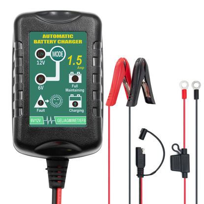 Picture of 6V 12V Battery Charger 1.5A Automatic Battery maintainer trickle Battery Charger Smart Float Charger for auto car Motorcycle Lawn Mower Boat Motorcycle Snowmobile