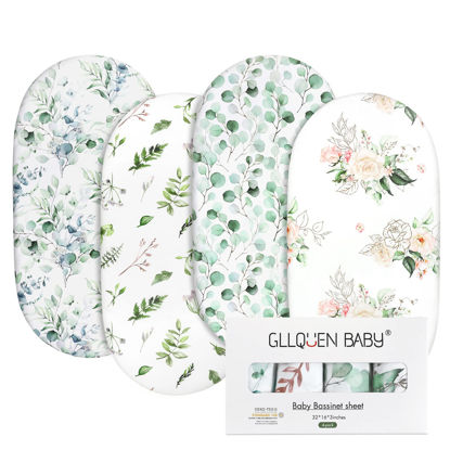 Picture of Gllquen Baby Bassinet Sheets 4 Pack, Breathable Cozy Fitted Mattress Sheet, Elastic Travel Crib Fashionable Floral Pattern, Standard Cradle Safe Sheets for Baby Boy Girls 32"X16"(Greenery)