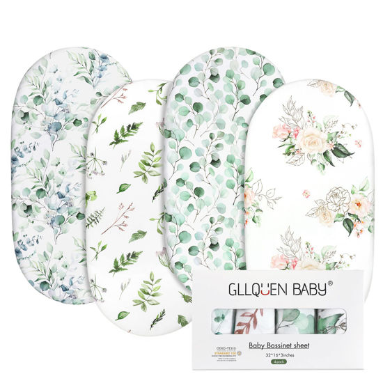 Picture of Gllquen Baby Bassinet Sheets 4 Pack, Breathable Cozy Fitted Mattress Sheet, Elastic Travel Crib Fashionable Floral Pattern, Standard Cradle Safe Sheets for Baby Boy Girls 32"X16"(Greenery)