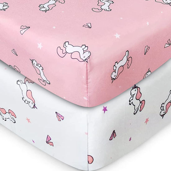 Picture of Crib Sheets Girl 2-Pack, Fitted Crib Sheets 52'' x 28'' for Standard Crib & Toddler Mattres, Soft and Breathable Material, Baby Girl Crib Sheets Neutral, Pink