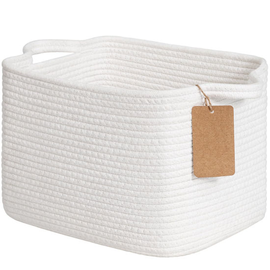 Picture of Goodpick Rope Basket, Storage Baskets for Organizing, Rectangle Baby Nursery basket with Handles, Small Woven Basket for Shelves, Living Room, 13 x 10 x 9 Inches, White