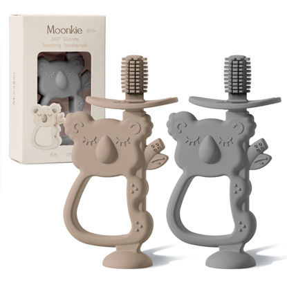 Picture of Moonkie Teething Toy Set of 2, Safe & Easy to Hold BPA Free Silicone Teethers, 360° Baby Toothbrush with Suction Base, Teether Toys Best for Babies 6-12 Months (Koala Warm Taupe/Lunar Grey)
