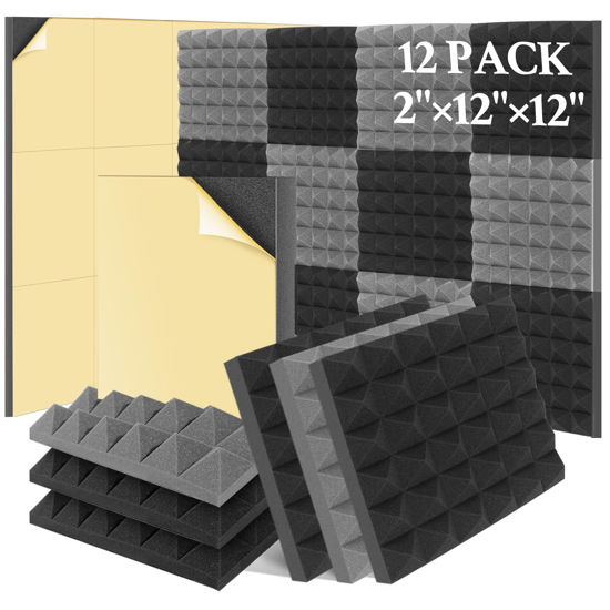 Picture of BlingCnsy 12 Pack 2" x12"x12" Soundproof Wall Panels Self-Adhesive - High Density Pyramid Sound Proof Foam Panels for Walls - Flame Retardant Acoutic Panels - 6Pcs Black & 6Pcs Grey Acoustic Foam