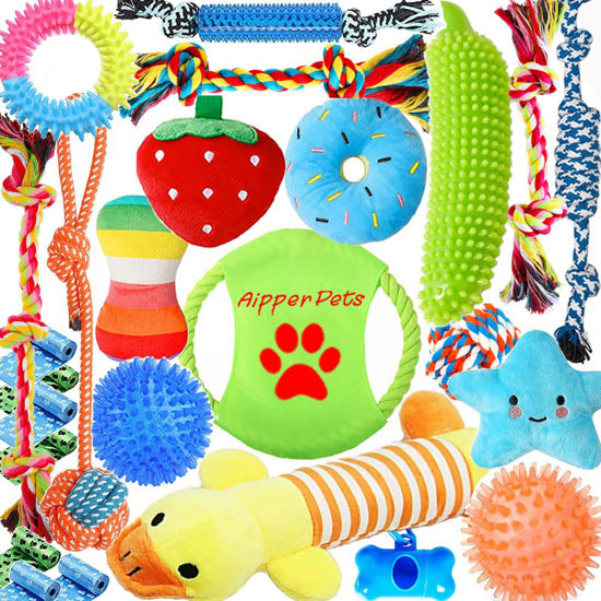 Picture of Aipper Dog Puppy Toys 25 Pack,Puppy Chew Toys for Fun and Teeth Cleaning,Dog Squeak Plush Toys, Squeaky Toy Balls, Tug of War Toys, Puppy Teething Toys, Dog Rope Toys Pack for Puppy to Small Dogs