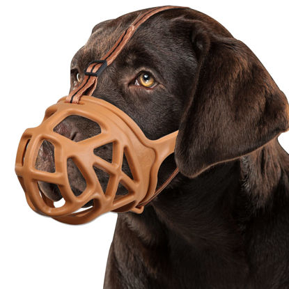 Picture of BARKLESS Dog Muzzle, Basket Muzzle for Biting, Chewing and Scavenging, Humane Cage Mouth Cover, Perfect for Grooming and Training Large Aggressive Reactive Dogs (XL, Brown)