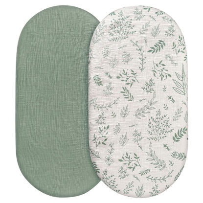 Picture of Muslin Bassinet Fitted Sheets, 2 Pack for Baby Boy and Girl, Soft Breathable Stretchy Baby Pad/Mattress Sheet Set, Universal Fit for Hourglass Oval and Rectangle Bassinet Mattress (Natural Leaves)