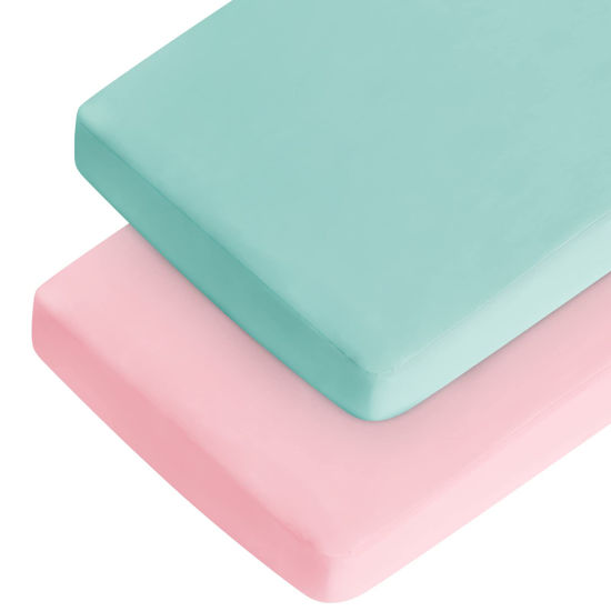 Picture of Crib Mattress Sheet 2 Pack Fitted Crib Sheet (28 x 52 x 8 in) for Standard Crib Toddler Mattress Cover Soft Microfiber Breathable Baby Sheets for Boys and Girls, Blue and Pink