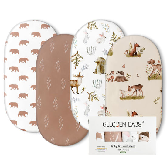 Picture of Gllquen Baby Bassinet Sheets 4 Pack, Breathable Cozy Fitted Mattress Sheet, Elastic Travel Crib Fashionable Floral Pattern, Standard Cradle Safe Sheets for Baby Boy Girls 32"X16" (Bear)