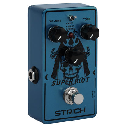 Picture of STRICH SUPER RIOT High Gain Distortion Pedal for Electric Guitar, Compact and Mini Design, True Bypass, 3 Control Knobs, Volume, Tone, Gain, Three Modes, Soft, Tense, Normal, 9V DC, Dark Blue