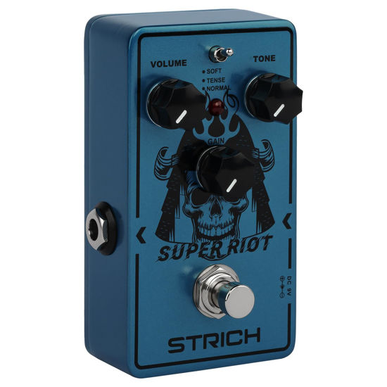 Picture of STRICH SUPER RIOT High Gain Distortion Pedal for Electric Guitar, Compact and Mini Design, True Bypass, 3 Control Knobs, Volume, Tone, Gain, Three Modes, Soft, Tense, Normal, 9V DC, Dark Blue