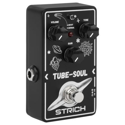 Picture of STRICH TUBE SOUL Tube Overdrive Distortion Pedal for Electric Guitar, Compact Mini Single Unit, True Bypass, 3 Control Knobs, Volume, Tone, Gain, Dual Modes, Boost, Normal, 9V DC, Black and White