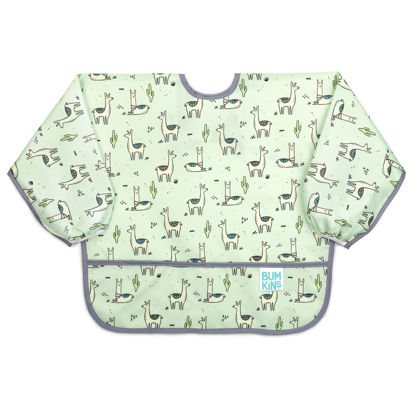 Picture of Bumkins Sleeved Bib for Girl or Boy, Baby and Toddler for 6-24 Mos, Essential Must Have for Eating, Feeding, Baby Led Weaning Supplies, Long Sleeve Mess Saving Food Catcher, Soft Fabric, Llama Green