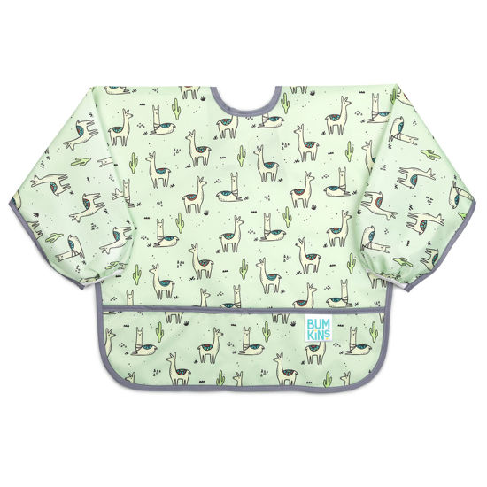 Picture of Bumkins Sleeved Bib for Girl or Boy, Baby and Toddler for 6-24 Mos, Essential Must Have for Eating, Feeding, Baby Led Weaning Supplies, Long Sleeve Mess Saving Food Catcher, Soft Fabric, Llama Green
