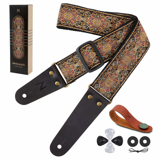 Picture of Nefelibata Guitar Strap, 2" Embroidery Full Grain Leather Ends Guitar Straps with Hidden Pocket, for Bass, Electric and Acoustic Guitars, Strap Button, Strap Locks and Guitar Picks