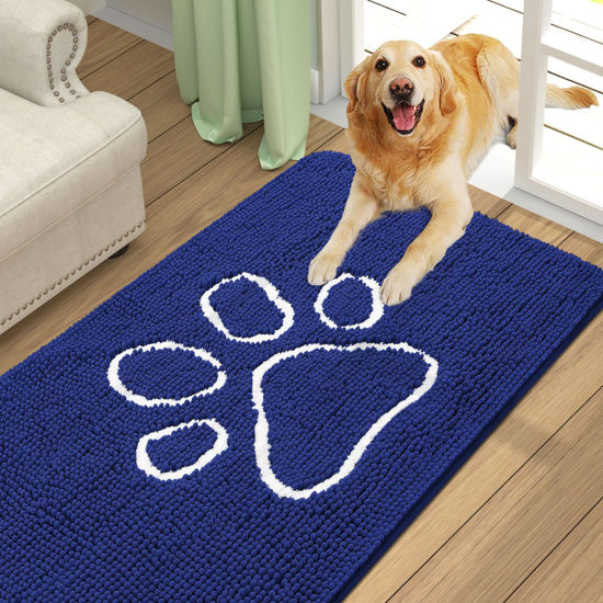 Picture of Smiry Dog Door Mat for Muddy Paws, Absorbent Dirt Trapper Non-Slip Washable Mat, Quick Dry Chenille, Mud Mat for Dogs, Entry Indoor Door Mat for Inside Floor (70x24 Inches, Navy Blue)