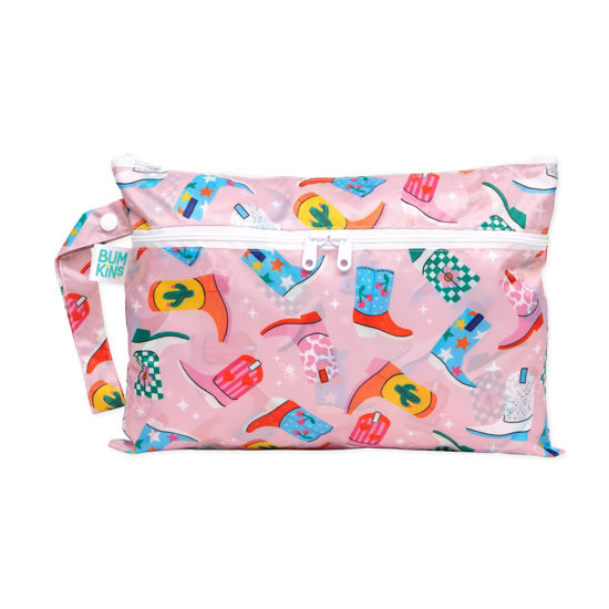 Picture of Bumkins Waterproof Wet Dry Clutch Bag for Baby, Travel, Swim Suit, Cloth Diapers, Pump Parts, Pool, Gym Clothes, Toiletry, Hook to Stroller, Pack for Daycare, Zip Bag, Packing Pouch, Cowgirl Boots