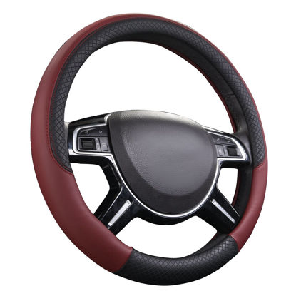 Picture of CAR PASS Rhombus Leather Universal Steering Wheel Cover, Fit for Suvs,Trucks,Cars,Sedans,Vans (Black&Burgundy)