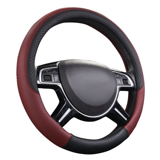 Picture of CAR PASS Rhombus Leather Universal Steering Wheel Cover, Fit for Suvs,Trucks,Cars,Sedans,Vans (Black&Burgundy)