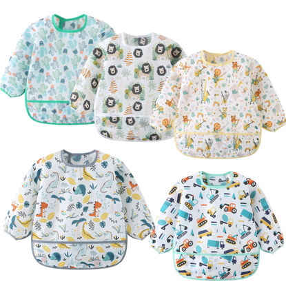 Picture of ElecMotive 5 Pack Long Sleeve Bib,Baby Toddler Waterproof Sleeved Bib for 6-30 Months Reusable with Catch-all Pocket
