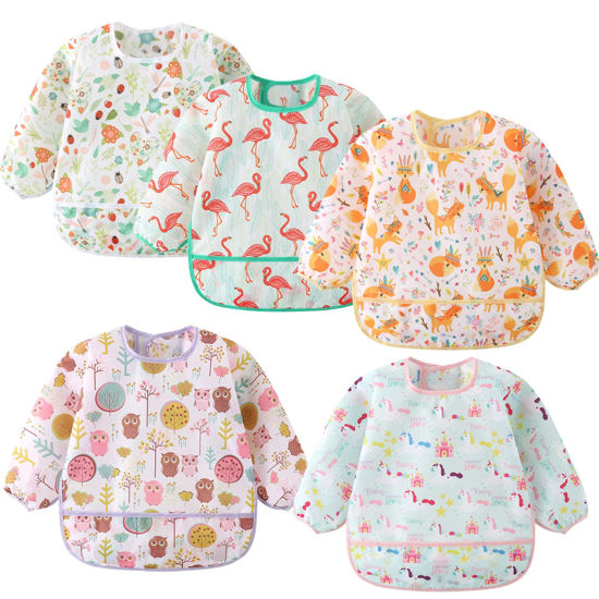 Picture of ElecMotive 5 Pack Long Sleeve Bib,Baby Toddler Waterproof Sleeved Bib for 6-30 Months Reusable with Catch-all Pocket